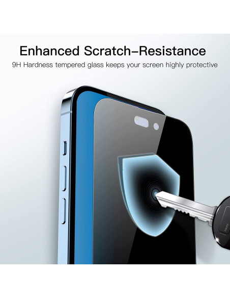 Detaljvy av iPhone 14 Pro Max skärmskydd med fokus på repmotstånd och passform