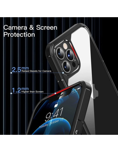 Detaljvy av iPhone 14 Pro skal Bulwark med fokus på kameraskydd och skärmhöjd