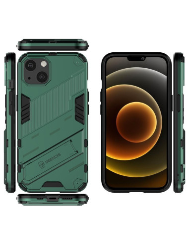 Grönt stöttåligt skal för iPhone 14 Plus med kickstand, visat från sidan och framifrån
