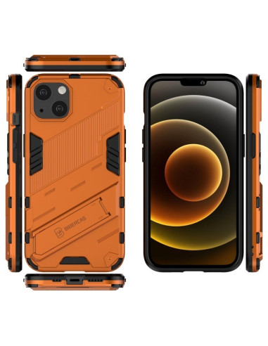 Orange stöttåligt skal för iPhone 14 Plus med kickstand, visat från flera vinklar