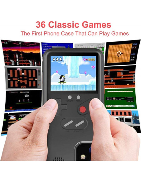 Gameboy-skal för iPhone 14 Plus med färgskärm och spelgränssnitt i användning