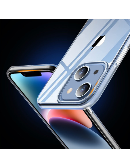 iPhone 14 Plus med genomskinligt skal, visande baksidan och kameradetaljer