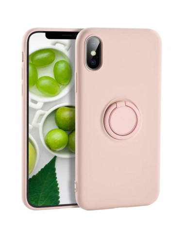 Ljust rosa iPhone X skal med ringhållare, sett från sidan med telefonens framsida synlig