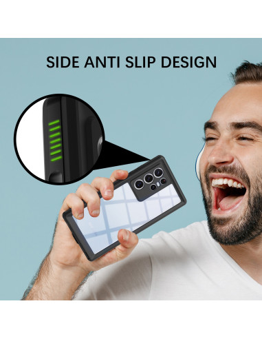 Samsung S22 Ultra skal i svart TPU, visande sidovyn med halkskydd och en person som håller det