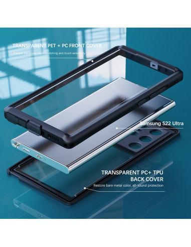Samsung S22 Ultra skal i svart TPU med transparent framsida och baksida, visande skyddets uppbyggnad