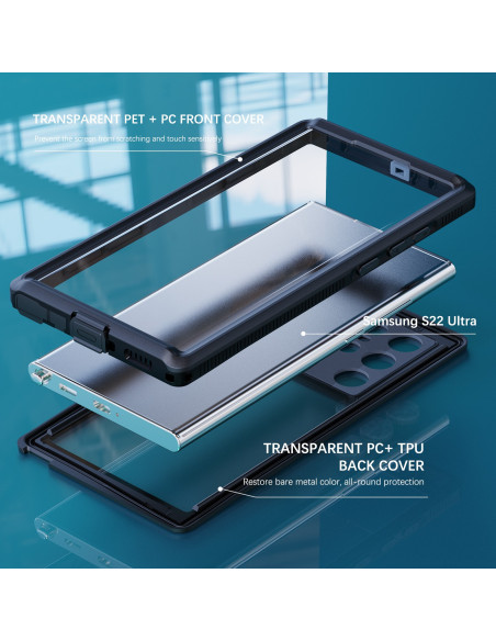 Samsung S22 Ultra skal i svart TPU med transparent framsida och baksida, visande skyddets uppbyggnad