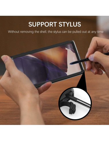 Samsung S22 Ultra skal i svart TPU, visande telefonen med stylus och detaljerad vy av skalen