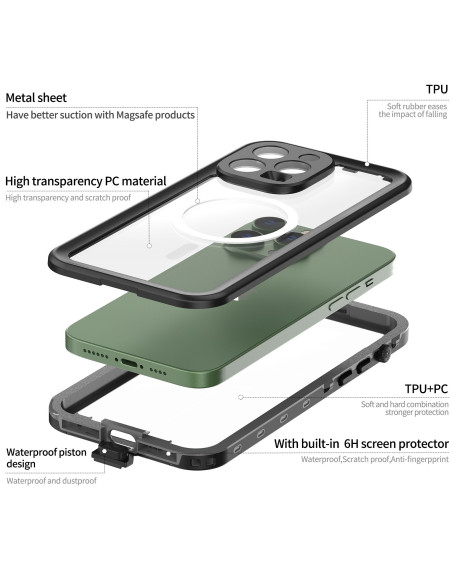 Detaljvy av svart vattentätt MagSafe-skal för iPhone 14 Pro Max med transparent framsida