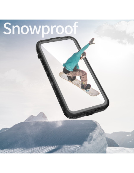 Svart vattentätt MagSafe-skal för iPhone 14 Pro Max i en utomhusmiljö med snowboardåkare