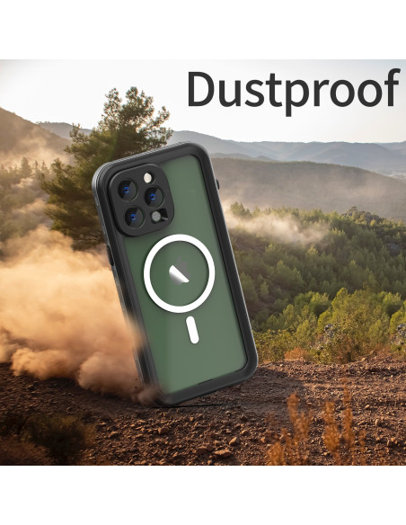 Svart vattentätt MagSafe-skal för iPhone 14 Pro Max i utomhusmiljö med damm och berg