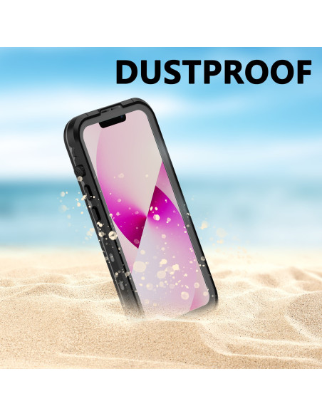 Svart vattentätt skal för iPhone 14 Plus, delvis nedsänkt i sand med tydlig skärmvy