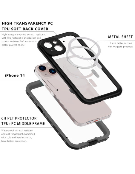 Detaljvy av svart heltäckande vattentätt skal för iPhone 14 Plus med tydlig kamerautskärning och metallplatta