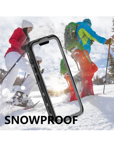 Svart heltäckande vattentätt skal för iPhone 14 Plus i snöig miljö med aktiv användning