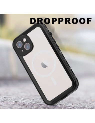 Svart heltäckande vattentätt skal för iPhone 14 Plus med tydlig bakgrund och MagSafe-funktion