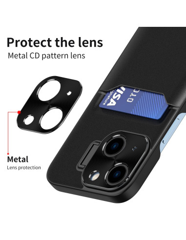 Svart iPhone 12 skal med korthållare, närbild av baksidan med kameraskydd