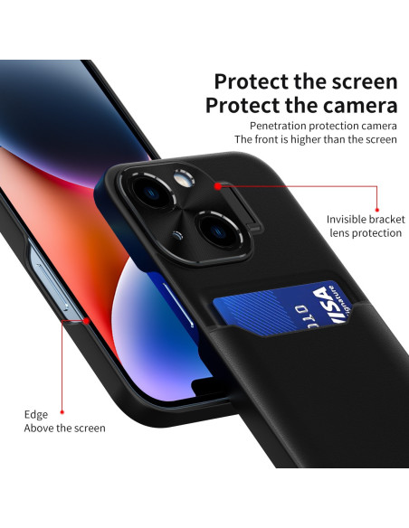 Svart iPhone 12 skal med korthållare, visat från sidan med fokus på kameraskydd och kortfack