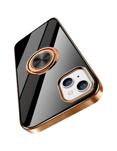 iPhone 14 Plus skal i svart med ringhållare, sett snett bakifrån