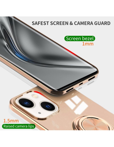 Detaljvy av iPhone 14 Plus skal med ringhållare, visande kamerautskärning och skärmskydd
