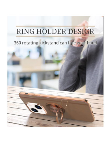 iPhone 14 Plus skal med ringhållare, visande 360-graders kickstand i användning