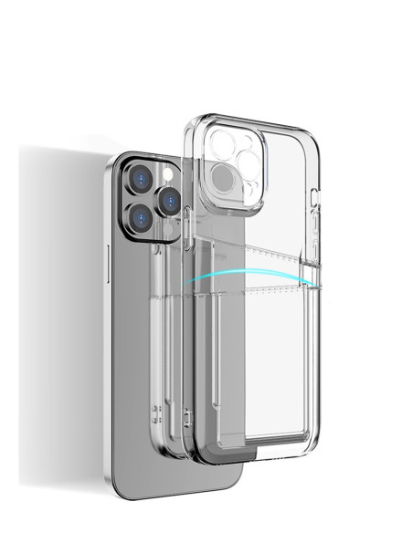 iPhone 14 skal i transparent TPU med kortfack, sett från sidan och bakifrån