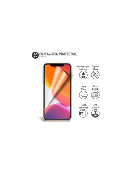 Närbild av transparent skärmskydd för iPhone 11 Pro Max med detaljer om funktioner