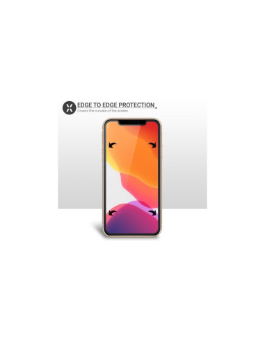 Framifrån vy av iPhone 11 Pro Max med transparent skärmskydd och kant-till-kant skydd