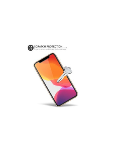 iPhone 11 Pro Max med transparent skärmskydd och nyckel som visar repbeständighet