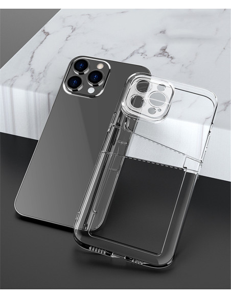 Transparent iPhone 12 skal med kortfack, visat bakifrån med kamerautskärning