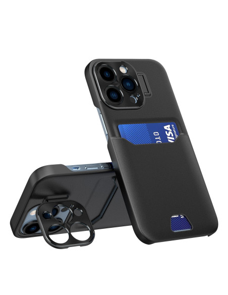 Svart stötdämpande skal för iPhone 12 Pro Max med korthållare och kameraskydd