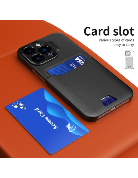 Närbild av iPhone 12 Pro Max skal med korthållare och kort insatt