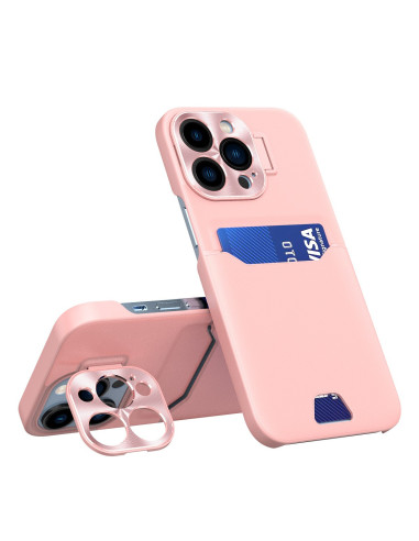 iPhone 12 Pro Max skal i rosa med korthållare och kameraskydd, sedd från sidan