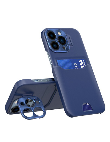 iPhone 12 Pro Max skal i blått med korthållare, sedd från sidan och bakifrån