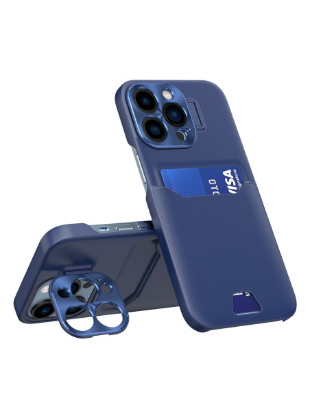 iPhone 12 Pro Max skal i blått med korthållare, sedd från sidan och bakifrån