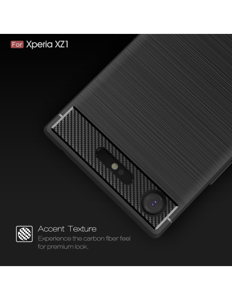 Närbild av SlimCarbon-skal för Xperia XZ1 Compact med fokus på den texturerade ytan och kamerautskärning