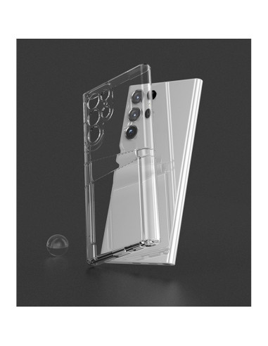 Transparent skal för Samsung Note 20 Ultra med kortfack, sett bakifrån med telefonen i fokus