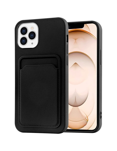 Svart gummibelagt skal för iPhone 14 Pro med kortfack, sett från sidan