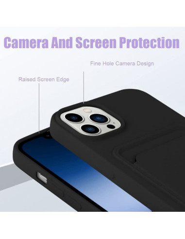 Närbild av iPhone 14 Pro skal med kortfack och kameraskydd, sett snett framifrån