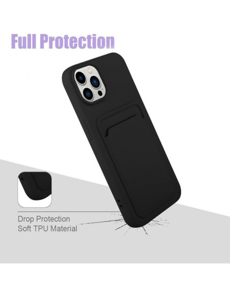 Svart stöttåligt iPhone 14 Pro-skal med kortfack, sett bakifrån