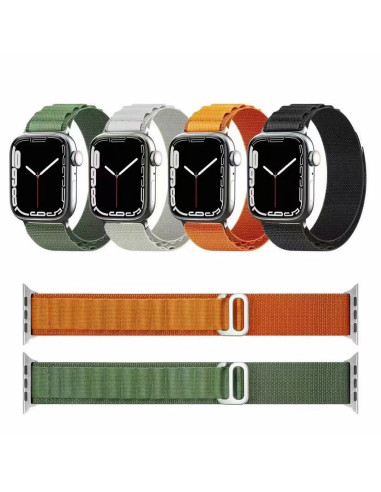 Fyra färgvarianter av nylonarmband för Apple Watch 38/40/41mm i grått, grönt, orange och svart
