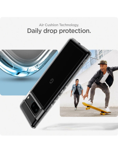 Google Pixel 7 med stöttåligt genomskinligt skal, sett från sidan med fokus på skyddsteknik