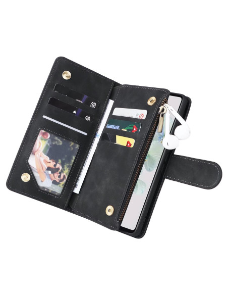 Inuti plånboksfodralet för Google Pixel 6A med kortfack och zippered stängning