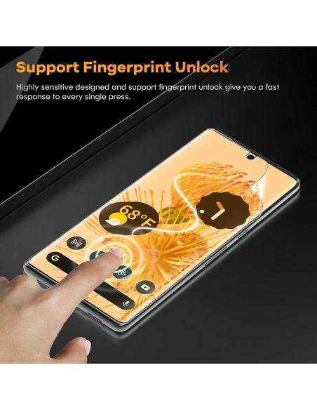 Google Pixel 7 med skärmskydd som visar fingeravtryckssensor i användning