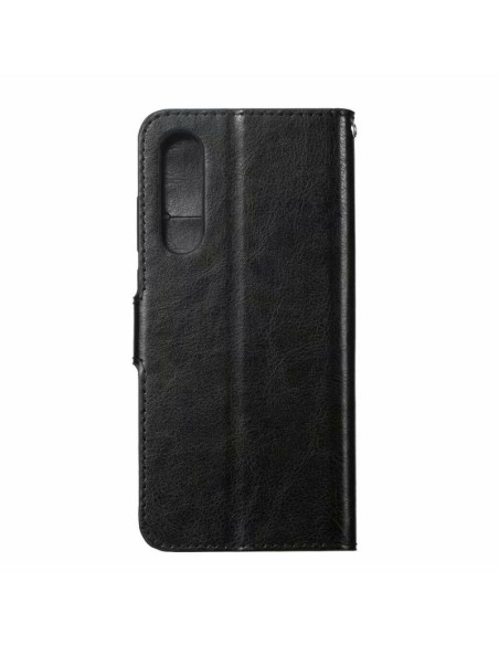 Baksidan av Xperia 5 IV plånboksfodral i svart konstläder med kameraöppning
