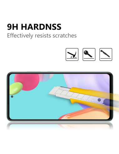 Detaljvy av Samsung A23 5G med härdat glas som visar 9H stöttålighet och repmotstånd