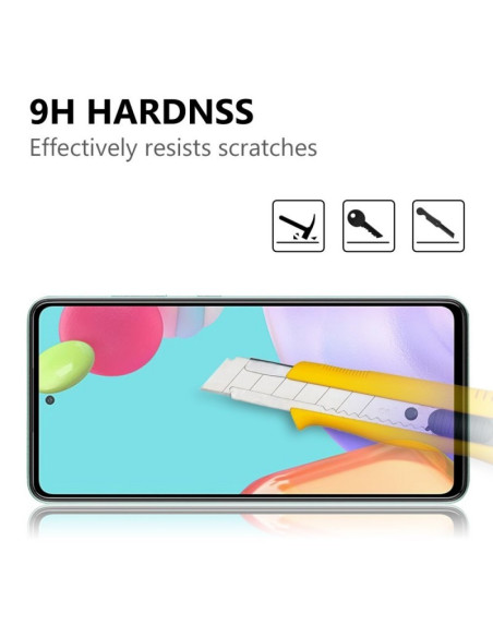 Detaljvy av Samsung A23 5G med härdat glas som visar 9H stöttålighet och repmotstånd
