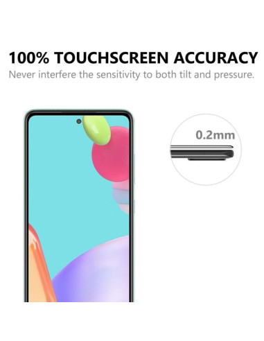 Framifrån vy av Samsung A23 5G med härdat glas som visar skärmkänslighet och tunn design