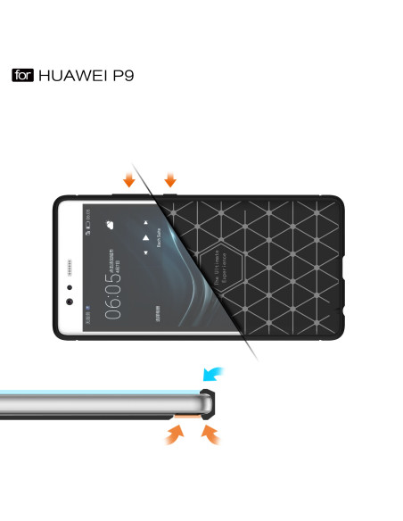 Detaljvy av SlimCarbon-skal för Huawei P9 Lite med mönstrad insida och upphöjd ram