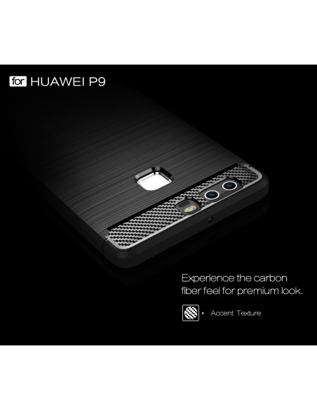 Närbild av baksidan av SlimCarbon-skalet för Huawei P9 Lite med kolfiberlook och kameraöppningar