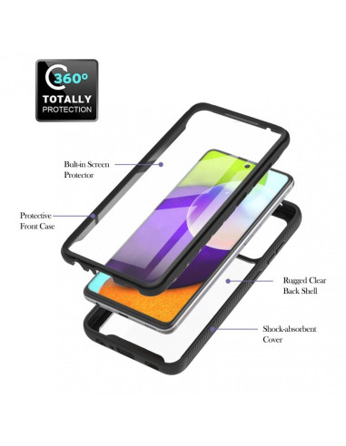 Samsung A23 5G skal i svart TPU med inbyggt skärmskydd och transparent baksida, visande lageröversikt