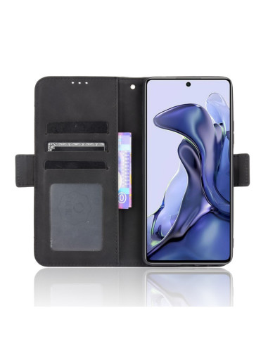 Öppen vy av svart plånboksfodral i PU-läder för Xiaomi Mi 12T/12T Pro med kortfack